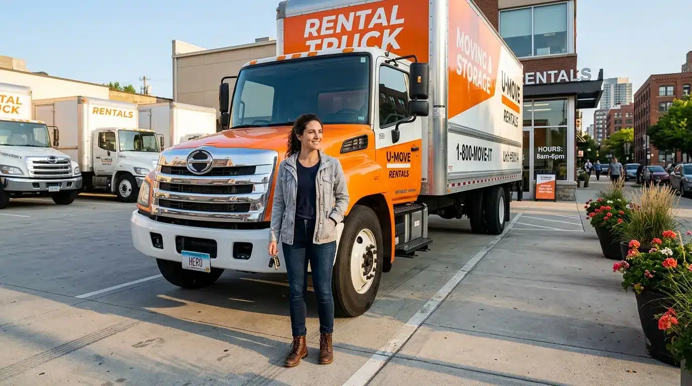 Femme posant devant camions de location orange et blanc