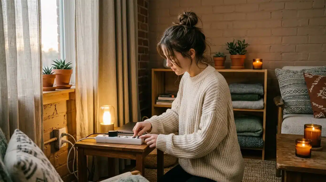 Femme en pull blanc travaillant sur tablette dans salon chaleureux.