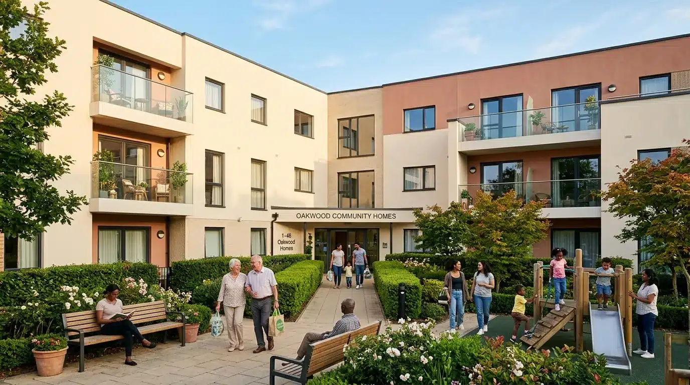 Immeuble résidentiel moderne avec jardin commun et habitants.