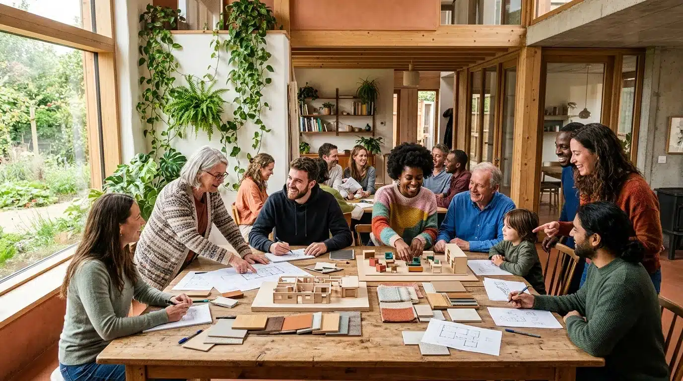 Groupe de personnes autour d'une table examinant des plans et maquettes.