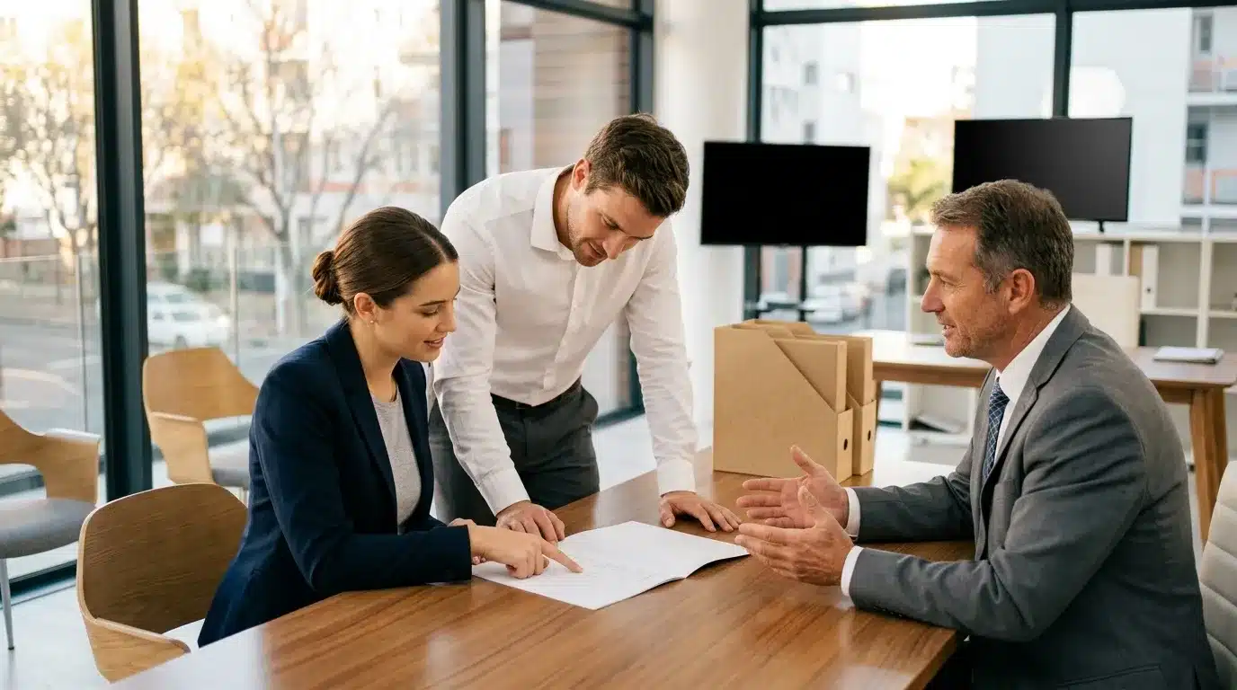 Trois professionnels discutent autour d'un document dans un bureau