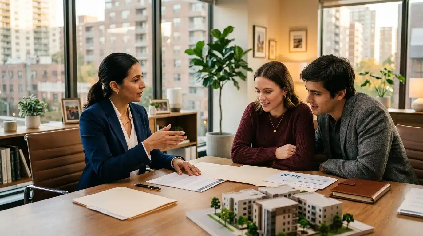 Femme agent immobilier discute projet avec jeune couple