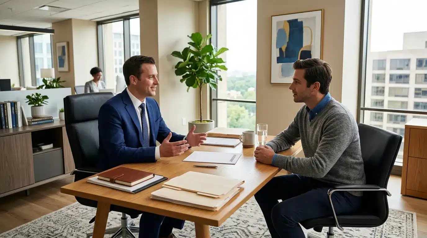 Deux hommes en discussion à une table de bureau