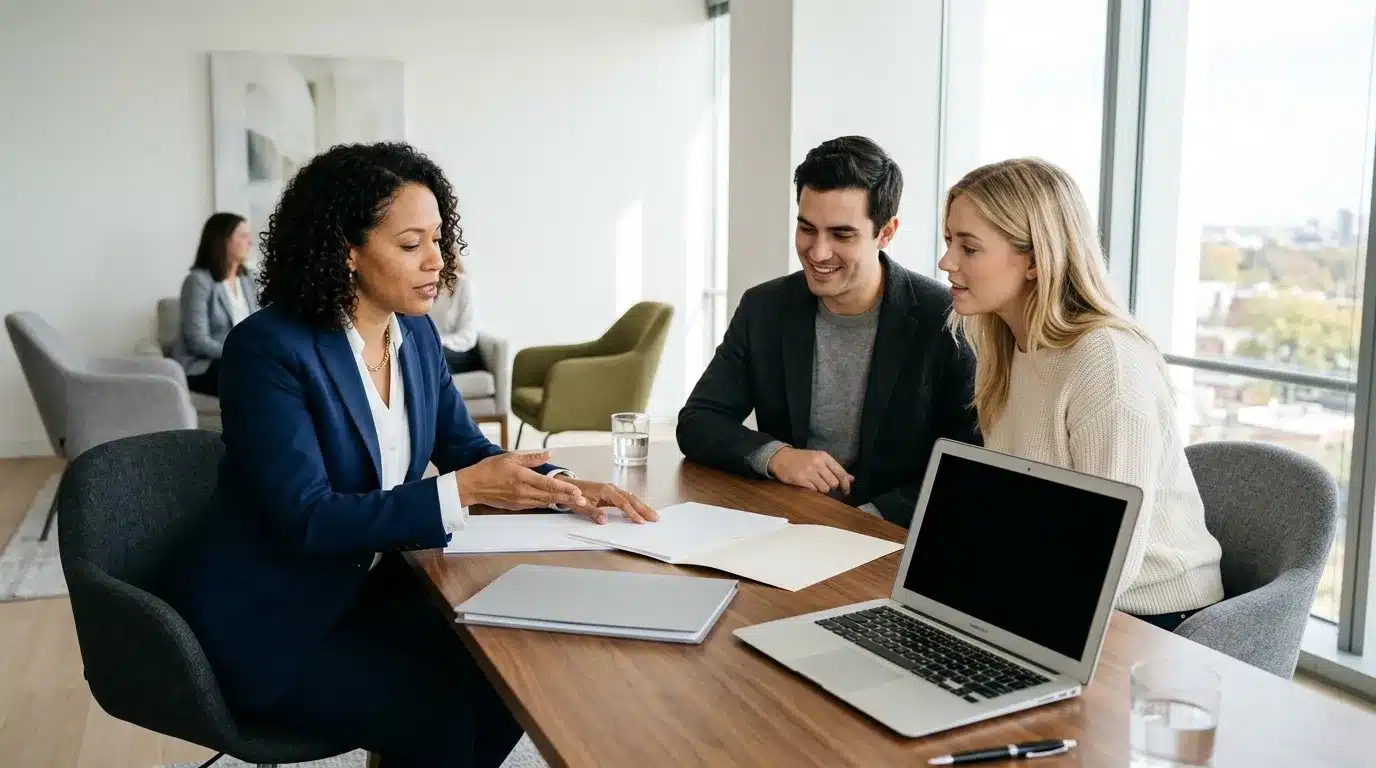 Trois professionnels discutent autour d'une table avec ordinateur portable