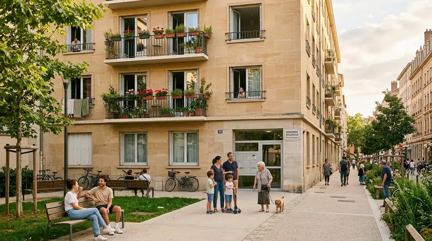 Cour intérieure parisienne avec résidents, vélos et espaces verts
